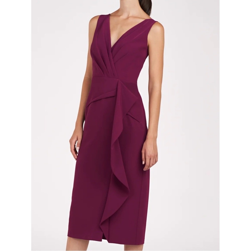 Kay Unger Brynn Midi Dress Boysenberry Crepe Ruffle Waist Size 6 NWOT